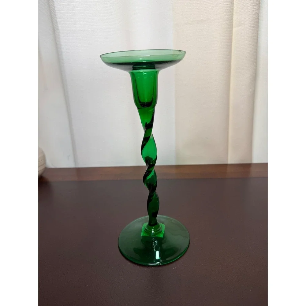 Emerald Green Glass Spiral Twist Stem Candlestick Holder Mid Century Modern 9.5